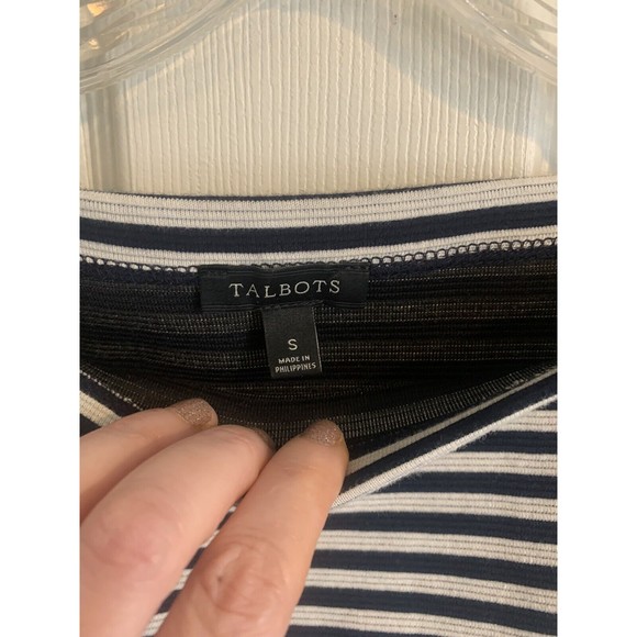 TALBOTS Stretch Cotton Womens Small Striped Boat Neck 3/4 Sleeve Black White - Picture 6 of 12